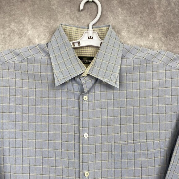 BUGATCHI Button Front Shirt Men Large Blue Plaid Hidden Button Collar Rayon/Poly - Picture 3 of 11
